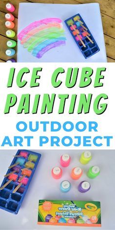 an outdoor art project with ice cubes and paint on the table next to it