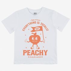 "Peachy keen! Children's unisex super-soft eco-printed white t-shirt with \"Everything Is Totally Peachy\" slogan and cute peach character graphic. Printed organic cotton t-shirt by Batch1 Kids This tee is: Super-comfy, long lasting and FUN to wear  Slogan: \"Everything Is Totally Peachy\" Graphics: Vintage style peach character Print: Organic, water-based, eco-friendly ink Style: Round neck, short sleeves, soft jersey Fit: Unisex  | Regular Fit  | Our children's clothing is unisex and can be wo Trendy Peach T-shirt With Letter Print, Casual Peach T-shirt With Graphic Print, Casual Peach T-shirt With Letter Print, Peach Casual T-shirt With Graphic Print, Peach Relaxed Fit T-shirt With Letter Print, Relaxed Fit Peach T-shirt With Letter Print, Cute Peach T-shirt With Graphic Print, Heather Peach Graphic Print T-shirt For Summer, Heather Peach T-shirt With Graphic Print For Summer