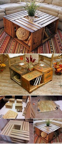 this is an image of a coffee table made out of pallets and wooden crates