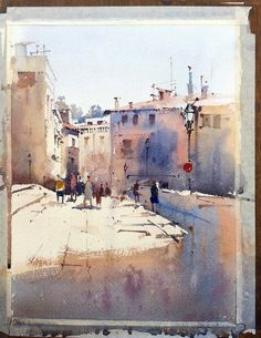 a watercolor painting of people walking on the street in an alleyway near some buildings