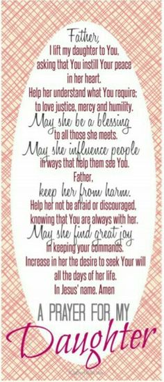 a prayer for daughter with the words in pink and white