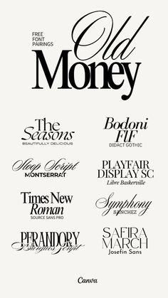 some type of font and numbers that are in different styles, sizes and colors with the words old money written on them