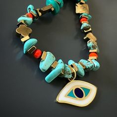 The Evil Eye Turquoise Choker Necklace is so simple yet stylish. This necklace is vibrant and colorful addition to your style and also deeply meaningful and protective with the choice of turquoise stone and evil eye charm. This necklace is perfect for layering with other ebrujewelry summer necklaces. The Evil Eye is a prominent symbol in Turkish and many other cultures, and is highly protective. Evil Eye beads reflect ill intent and jealousy back to the person thinking of it, hence protecting th Turquoise Evil Eye Bracelet Jewelry, Turquoise Evil Eye Bracelet As Gift, Turquoise Evil Eye Bracelet, Turquoise Evil Eye Bracelet With Round Beads, Turquoise Evil Eye Bracelet With Round Beads As Gift, Bohemian Evil Eye Bracelet For Healing, Spiritual Turquoise Beaded Bracelets With Evil Eye, Bohemian Beaded Turquoise Evil Eye Bracelet, Spiritual Turquoise Evil Eye Beaded Bracelets