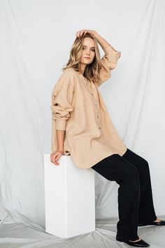 Linen shirt BOYFRIEND V neck  -long sleeves -large, oversized fit   - beige  buttons closure, comes with all colors shirts  -2  front pockets - V neck  -shirt length  32,6'' / 83cm ( from the back to the bottom of the shirt ) Large  fit, loose and  oversized. We recommend to order the size you wear for the look like on the model, or go size down for more oversized . Please be sure to check the measurements carefully if you decide to go size down or up Model is 175 cm 5'9'' tall, 60kg / 132 lb and wear size L, color sand DESCRIPTION: All our linen is pre-washed for an amazingly soft feel. Every time you wear the linen becomes softer and more beautiful.  All our linen  comes in a linen storage bag.  -Made from Oeko-Tex certified 100%  pure French linen,Fabric Weight-160 GSM /light linen -Pre Oversized Long Sleeve Beige Blouse, Oversized Long Sleeve Neutral Top, Neutral Long Sleeve Shirt For Spring, Neutral Long Sleeve Shirt With Buttons, Oversized Long Sleeve Tops With Buttons, Casual Long Sleeve Neutral Shirt, Beige Long Sleeve Button Shirt, Neutral Long Sleeve Casual Shirt, Oversized Long Sleeve Shirt For Fall