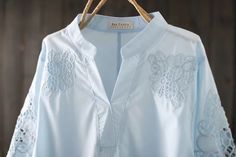 Women's V-Neck Embroidery Mid-Sleeve Solid Shirt Elegant Blouse Elegant V-neck Top With Chikankari Embroidery, Casual V-neck Blouse With Embroidered Sleeves, Spring V-neck Blouse With Chikankari Embroidery, Casual V-neck Top With Embroidered Sleeves, Elegant Embroidered Cotton V-neck Top, Summer V-neck Blouse With Chikankari Embroidery, Casual V-neck Blouse With Embroidered Neckline, Elegant V-neck Tops With Chikankari Embroidery, Cotton V-neck Shirt With Floral Embroidery