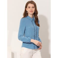 Create an elegant look with this button-up shirt, an essential for every wardrobe. This plain-colored blouse features a button-up at the front, the lace insert, and a regular fit, giving a more elegant and business-like look. A good versatile blouse that could be worn anytime, is well paired with your jeans, hip skirts, and long pants for a charming style. Soft and lightweight Woven fabric ensures all-day comfort. Occasion: Business, Office, Meeting, Career, Work, Coffee Shop, Casual, Daily wear Elegant Fitted Light Blue Blouse, Elegant Light Blue Office Shirt, Light Blue Button-up Blouse For Work, Semi-formal Solid Color Office Lady Top, Semi-formal Solid Office Lady Tops, Semi-formal Solid Color Office Tops, Solid Color Semi-formal Office Lady Top, Chic Light Blue Tops For Formal Occasions, Chic Light Blue Formal Top