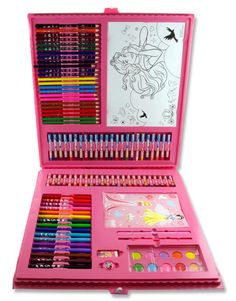 a pink box filled with lots of different colored pencils