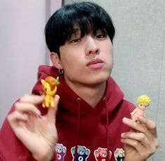 a young man in a red hoodie is holding some toy animals