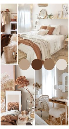 a collage of photos showing different rooms with white walls and furniture, including a bed