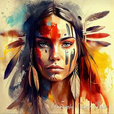 an artistic painting of a native american woman with feathers on her head and eyes painted in bright colors