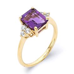 This solid 10k/14k gold amethyst ring is the perfect gift for a loved one for any occasion - Birthday, Mother's Day, Graduation, Anniversary, and will certainly put a smile on their face! The center amethyst stone is carefully crafted and its beauty is well enhanced with the surrounded bright white diamonds.  10K - 2.4 Grams  14K - 2.6 Grams Center Stone: 9x7mm Emerald Cut Amethyst   1.90 Carat 6 Round 1.75mm Genuine Diamond .15 Carat All of our products are made with 10k/14k Solid Gold and are stamped with Gold Purity for Certification.  We want to make sure that each purchase is to your desire! We can customize any ring and gemstone to be exactly to your liking. We offer complimentary engraving, gift wrapping, and  30 day free returns/exchanges with every purchase! If you have any questi February Birthstone Ring, Gold Amethyst Ring, Amethyst Gem, Amethyst Gold, February Birthstone, Emerald Cut Diamonds, February Birth Stone, Multi Stone Ring, Amethyst Stone