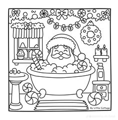 santa claus taking a bath in the bathroom coloring page