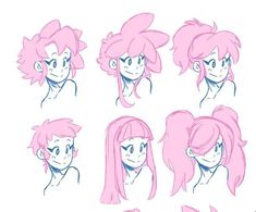 some pink hair and different facial expressions for the character's head, from front to back