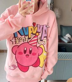 Kirby Outfit, Kirby Clothes Aesthetic, Kirby Clothes, Kirby Sweater, Kirby Hoodie, Kirby Zip Up Hoodie, Pink Harajuku Crew Neck Hoodie, Kawaii Pink Crew Neck Hoodie, Pink Kawaii Sweatshirt