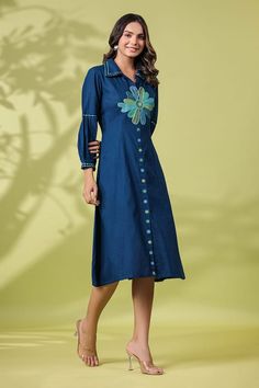 Navy blue cotton dress with resham thread embroidery. - Aza Fashions Blue Cotton Dress, Thread Embroidery, Collar Dress, Dress For Women, Dress Pattern, Cotton Dress, Aza Fashion, Cotton Dresses, Three Quarter