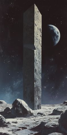 an artist's rendering of a space station on the surface of earth with rocks and moon in the background