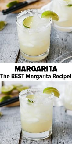 two margaritas with lime slices on the rim