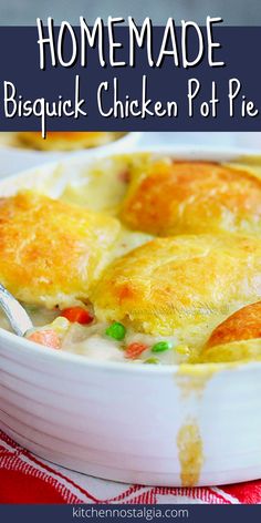 homemade biscuit chicken pot pie in a white dish