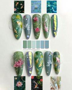 Mossy Nails, Princess Mononoke Nails, Miyazaki Nails, Nail Mood Board, Hercules Nails, Koi Pond Nails, Nail Polish Organization Ideas, Wisteria Nails, Avatar The Last Airbender Nails