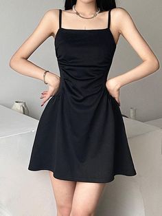 Amp up your style with our Black Sleeveless Mini Dress. Crafted from a comfortable blend of polyester and spandex, this chic dress boasts a flattering square neckline and delicate spaghetti straps. Perfect for party nights, casual outings, or that special date. Available in sizes S to L. Slip into this black beauty and let your style do the talking! Polyester, Spandex Spaghetti straps Square neckline Sleeveless Black Spaghetti Strap Dress Casual, A Line Dress Casual Simple, Simple Black Dress Casual, Simple Mini Dress, Strech Dresses, Eco Friendly Dress, Casual Sundress, Trendy Summer Outfits, Black Short Dress