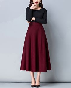 * A high-end long wool skirt with wide hem, very cool. * Made of wool blends, fully lined and with two side pockets. * Fixed waist with wide waistband and side invisible zipper. * Can custom make waist size and skirt length. * Material: Outer-50% wool, 50% polyester; lining-100% polyester * Washing instructions: Dry Clean Only * Size: True to US size, US 0-US 20 are available, you can let us know your usual size and height in your order. * Shipping: Free shipping Processing time : 5-7 Business d Red Skirt Outfits, Midi Skirt Winter, Long Wool Skirt, Dark Grey Skirt, Maroon Skirt, Skirt Winter, Classic Clothes, Palette Design, Rock Outfit