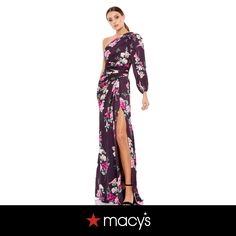 a woman in a long dress with flowers on it and the words macy's