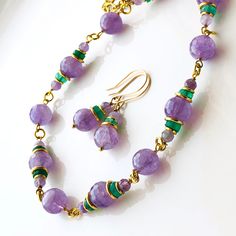 "6675 Amethyst Green Onyx Necklace gold wire wrapped purple natural gemstone bohemian statement choker February birthstone birthday anniversary Valentine's day Mother's day Christmas holiday gift for her women mom sister wife girlfriend daughter niece aunt grandma cousin colleague best friend. Enjoy the beauty & power of natural gemstone. THIS LISTING IS FOR THE NECKLACE ONLY Earrings shown for illustration and listed separately MATERIALS & DIMENSIONS ✦ Natural GEMSTONES: - AMETHYST, lavender pu Beaded Amethyst Pendant Jewelry, Amethyst Beaded Pendant Jewelry, Bohemian Wire Wrapped Amethyst Necklace, Lavender Natural Stones Jewelry For Healing, Elegant Purple Wire Wrapped Jewelry, Beaded Amethyst Gold Jewelry, Wire Wrapped Amethyst Necklaces With Round Beads, Artisan Amethyst Necklace With Adjustable Fit, Bohemian Purple Gemstone Beads Jewelry