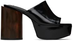 Patent leather slip-on heeled sandals in black. · Open toe · Logo patch at padded footbed · Cylindrical block heel · Covered platform midsole · Leather outsole with rubber injection · Platform: H1.75 in · Heel: H4 in Supplier color: Black Black Platform Heels, Platform Sandals Heels, Black Sandals Heels, Black Platform, Heeled Sandals, Leather Slip Ons, Platform Heels, Women's Shoes Sandals, Patent Leather