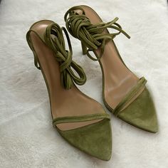 Moss Color, Suede Sandal In Great Condition. Never Worn Before. Narrow Fit. Green Heels With Single Toe Strap For Summer, Green Heels With Single Toe Strap For Spring, Suede Sandals With Single Toe Strap For Spring, Green Sandals With Wrapped Heel And Single Toe Strap, Summer High Heel Suede Sandals, Green High Heel Sandals With Wrapped Heel, Spring Sandals With 4-inch Heel And Single Toe Strap, Green Closed Toe Sandals With Wrapped Heel, Summer Suede Heels With Wrapped Heel