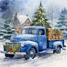 a painting of an old blue truck with christmas decorations