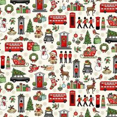 a christmas themed wallpaper with people, trees and other things in red on white