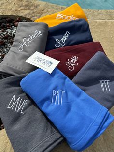 "Do not place your order without the following information Name or Monogram, thread preference and Font. NO CHANGES will be made after the order is placed Who doesn't need a Personalized Soft Sweatshirt Blanket? These Blankets make great gifts and are great for sitting in the stadium watching your favorite athlete THIS LISTING IS FOR A NAME OR MONOGRAM If you have a logo, we have an additional charge add this listing to your order after I approve https://www.etsy.com/listing/820100984 7.8-ounce, Stadium Blankets, Sweatshirt Blanket, Name Blanket, Custom Sweatshirts, Embroidered Sweatshirt, Personalized Embroidered, Embroidered Sweatshirts, Office Gifts, Cozy Blankets