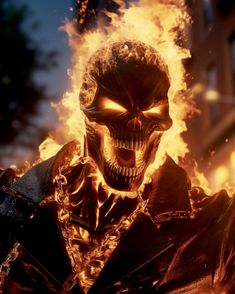 a demonic looking man with flames in his face