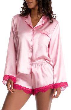 In Bloom by Jonquil Felicity Lace Trim Long Sleeve Satin Shorts Pajamas | Nordstrom Satin Pj Set, Satin Pajama Set, Satin Sleepwear, Satin Pajama, Pink Pajamas, Satin Shorts, Collared Top, Satin Long Sleeve, Satin Short