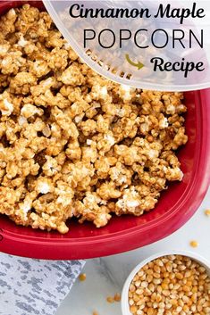 cinnamon maple popcorn recipe in a red bowl