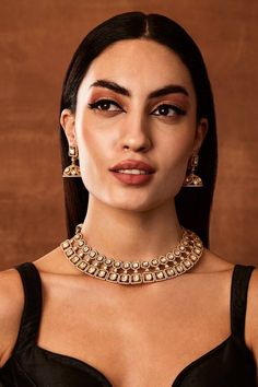 22kt gold plated Mirza framed quad choker with moissanite polki embellishments. Comes with a pair of matching jhumkas. - Aza Fashions Diana Penty, Sara Ali Khan, Polki Jewellery, Luxury Sale, Kiara Advani, Jewellery Set, Buy Gold, Deepika Padukone, Modern Bride