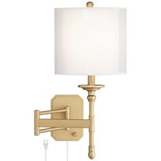 a wall light with a white shade on it's side and a wooden arm