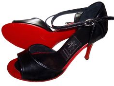 "Ankle Strap, Open Toe, Closed Back, High Heels/Ladies Shoes/Tango Shoes/Salsa Shoes in Black Leather and Red Leather. Label: La Vikinga Shoes. The shoes are designed by Helen La Vikinga and handmade in Buenos Aires.  HEEL HEIGHT: 8 cm / 3,14\". MATERIALS: Upper and inner: 100% High Quality Argentinean Leather. Sole: Leather. Heel: Plastic w. metalic pin." Salsa Shoes, Tango Shoes, Leather Label, Ladies Shoes, Womens Heels, Tango, Red Leather, Shoes Women Heels, Sweden