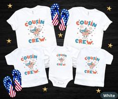 Looking for a cute, funny, matching set of cute fourth of July tee shirts for all the extended family cousins big and small Independence day this year?  This trendy group of retro crewneck tee-shirts are perfect for 4th of July barbecues, get togethers, or playing the game!  There are matching adult, youth, toddler tshirts and baby bodysuits, all sold separately.  These are a great way to celebrate a new cousin, baby's first fourth of July  too! This delightful gag holiday crewneck tshirt and ba White Tops With Cartoon Print For Family Occasions, White Tops With Cartoon Print For Family, Playful Crew Neck T-shirt For 4th Of July, Playful T-shirt For 4th Of July With Crew Neck, Cute Crew Neck Top For Family Events, Cute Tops For Family Events, Playful White T-shirt For 4th Of July, Cute T-shirt For Family Events With Crew Neck, Cute Crew Neck T-shirt For Family Events