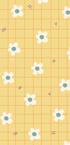 a yellow background with white flowers and blue dots on the bottom right hand corner is an orange grid