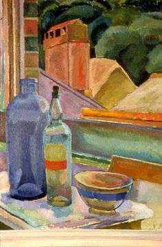 a painting of bottles and bowls on a table