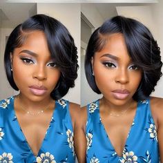 Easy Short Hairstyles With Bangs, Weave Bob Hairstyles For Black Women, Side Part Wig With Bangs, Bob Hairstyles Color, Short Glueless Wigs, Closure Side Part, Nicki Concert, Bob Wig For Black Women, Side Part Wig