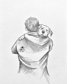 a drawing of a boy hugging his dog