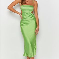 Perfect Green Silk Midi Dress Perfect For Brunch, Wedding Guest, Cocktail Occasion, Summer, Vacations Size S Or 4 Adjustable Shoulder Straps Cutouts @ Waist Open Back Details Clip Closure In Back Lined, Sq Neck Line Invisible Zipper On Side & Slight Stretch From Beginning Boutique But Similar To Princess Polly & Motel Rocks Bought For A Wedding And Never Worn Green Fitted Satin Maxi Dress, Green Silk Slip Dress For Wedding, Green Satin Bridesmaid Slip Dress, Green Sheath Wedding Dress, Green Sleeveless Midi Dress For Wedding, Sleeveless Green Midi Wedding Dress, Green Satin Midi Length Slip Dress, Green Satin Midi Slip Dress, Green Satin Slip Dress Midi Length