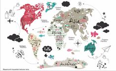 a world map with all the countries and their name written in different languages on it