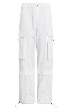 Maximize the utilitarian attitude of your look with these woven cotton cargo pants finished with drawcord-toggle hems. Zip fly with snap closure Elastic waist Front slant pockets; cargo flap-patch pockets Drawcord-toggle hems 100% cotton Dry clean Imported Utility White Parachute Pants With Belt Loops, White Utility Parachute Pants With Belt Loops, White Utility Full Length Cargo Pants, Spring Utility Parachute Pants With Flap Pockets, White Cargo Style Parachute Work Pants, White Cargo Style Parachute Pants For Work, Spring Utility Parachute Pants, White Cotton Utility Cargo Jeans, Allsaints Cotton Bottoms For Spring