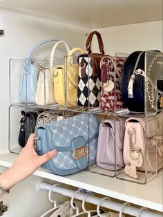 a hand is pointing at several purses on shelves