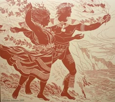 an image of two people dancing together in the air with trees and mountains behind them