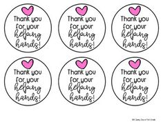 thank you for your helping hands printables with pink hearts on black and white background