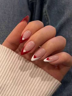 Free Returns ✓ Free Shipping✓. Instantly Upgrade Your Look With, 24pcs Long Almond Black & Heart Design Fake Nail Kit, For Women & Girls Press On Nails Nail Supplies- Press On False Nails at SHEIN. Nails With Red Design Simple, French Red And White Nails, White And Red French Nails, White Nails With Designs Simple, Nails That Go With A Red Dress, Soft Gel Nails, Nail Stuff, Manicure Ideas